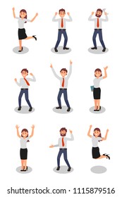 Flat vector set of happy office workers in different actions. Young girls and guys in formal outfit. Young businessmen and businesswomen