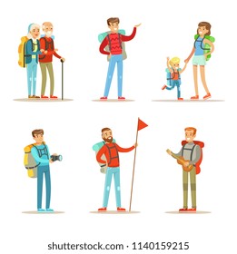 Flat vector set of happy people with backpacks. Men s, woman with son and elderly couple. Hiking and trekking theme