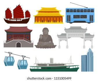 Flat vector set of Hong Kong travel elements. Traditional and modern Chinese building, statue of Big Buddha, popular transport