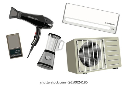 Conjunto de vetores planos de dispositivos eletrônicos domésticos, incluindo ar condicionado, secador de cabelo, balança digital e liquidificador. Design limpo e mínimo para conteúdo de estilo de vida moderno
