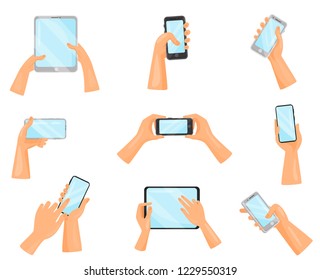 Flat vector set of human hands with mobile phones and digital tablets. Gadgets with touch screens. Electronic devices