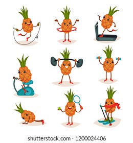 Flat Vector Set Of Humanized Pineapple In Different Actions. Active Workout. Cartoon Character Of Tropical Fruit