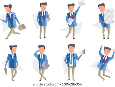 Flat vector set of icons with businessman. Office worker talking on phone, carrying stack of paper, running with briefcase, jumping