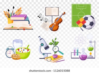 Flat vector set of icons presenting different school subjects. Art and music, sport, biology and chemistry. Tasty breakfast and alarm clock