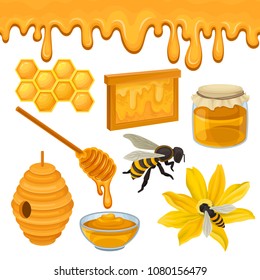 Flat vector set of icons related to honey production theme. Bee on flower, honeycomb, hive, glass bowl and jar, wooden dipper. Natural product