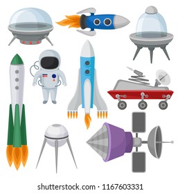 Flat vector set of icons related to space theme. Alien saucers, rockets, astronaut in suit, Mars exploration rover and satellites