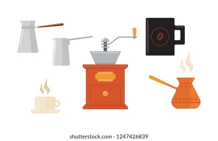 Flat vector set of icons related to coffee theme. Cups, Turkish cezve pots and coffee grinder. Hot drink
