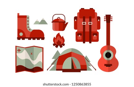 Flat vector set of icons related to camping theme. Travel backpack, tent and map, guitar, boot, kettle and campfire