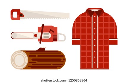 Flat vector set of icons related to lumberjack theme. Checkered shirt, wood log and woodworking tools electric and hand saw 