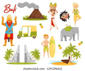 Flat vector set of icons related to Bali theme. Volcano, historical monument, transport, mythical creature