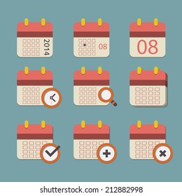 Flat vector set of icons of square calendars for month, counting marked days, year with magnifying glass, clock, check mark, plus, cross. Concept of time management, planner, organizer for business.