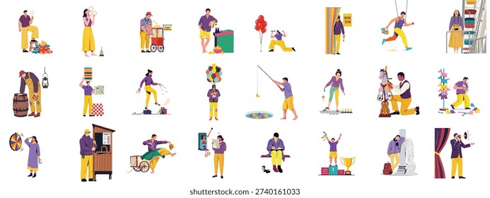 Flat vector set illustrating diverse carnival activities, games, rides, and staff, depicting people enjoying a traditional amusement park or fun fair.