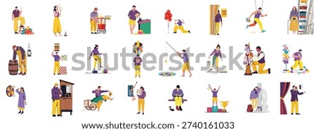 Flat vector set illustrating diverse carnival activities, games, rides, and staff, depicting people enjoying a traditional amusement park or fun fair.
