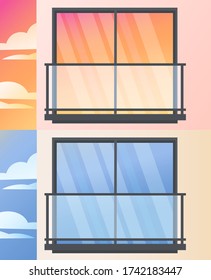 Flachvektor-Set, Illustration, Banner, Balkons, Veranda auf der Ziegelwand des Gebäudes mit Himmel, Hintergrund
