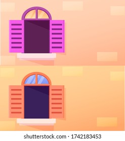 Flat vector set, illustration, banner, poster windows on the brick wall of building, background