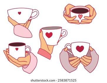 Flat vector set of illustrations with hands holding cup with the hearts. Bright pink contours. Love, romantic, st valentine,s day symbol.