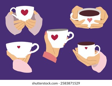 Flat vector set of illustrations with hands holding cup with the hearts. Love, romantic, st valentine,s day symbol.