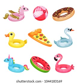 Flat vector set of inflatable swimming accessories. Rubber ball. Rings in various shapes pegasus, donut, swan, duck, unicorn, flamingo, watermelon. Air mattress in form of pizza slice - Shutterstock ID 1044183169