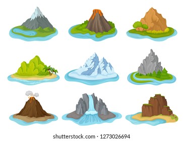 Flat vector set of islands with mountains surrounded by water. Natural landscape. Elements for travel poster or mobile game