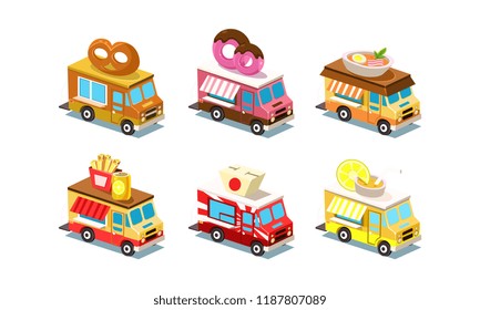 Flat vector set of isometric food trucks. Vans with pretzel, doughnut, soup, french fries and soda, Japanese box and lemonade on roof