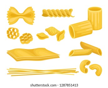 Flat vector set of Italian pasta of different shapes. Uncooked macaroni. Food product