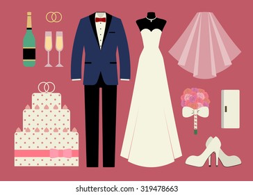 Flat vector set with items for wedding ceremony. Graphic elements for design of invitation card for marriage: dress, shoes, bouquet, veil, necklace, clutch for bride; tuxedo for groom; cake, champagne