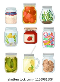 Flat vector set of jars with different objects. Canned vegetables, cookies and candies, jam, fish and grass, detox water and oatmeal