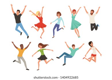 Flat vector set with jumping happy people. Joyful men and women in different positions. Cartoon characters of young guys and girls in casual outfit