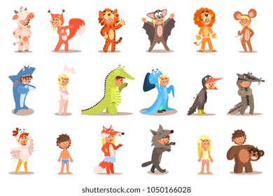 Flat vector set of kids in carnival costumes cow, squirrel, tiger, bat, lion, mouse, shark, hare, crocodile, octopus, crow, wolf, rooster, chicken, fox, bear