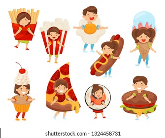 Flat vector set of kids in food costumes. Cute boys and girls with happy face expressions. Children in carnival outfit