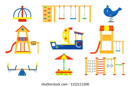 Flat vector set of kids playground elements. Carousels, slides, ladders, wooden sandbox. Play equipment for active children s recreation