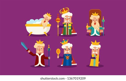 Flat vector set of king in different situations standing with staff and sword, sitting on throne, taking bath, drinking wine, looking in mirror