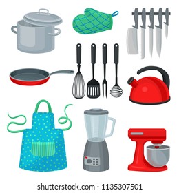 Flat vector set of kitchenware, modern electric appliance and protective garment. Cooking utensils. Kitchen theme