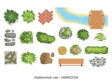 Flat vector set of landscape elements. Wooden bridge and bench, stump, river, green bushes and flowers, stone path. Top view