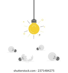 Flat vector set of laying light bulbs and one shining hanging lamp. Creative ideas on business illustration