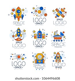 Flat vector set of linear space logo with colorful fill. Creative emblems with rocket, shuttle, alien saucer, astronaut, satellite, planets.