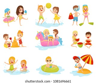 Flat vector set of little children in different actions. Playing with inflatable ball, building castle from sand, swimming on inflatable ring