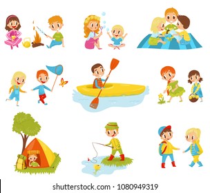 Flat vector set of little kids doing different activities. Fishing, cooking marshmallow on fire, picking flowers, kayaking, catching butterfly