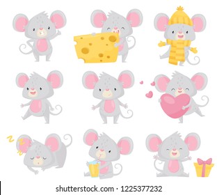 Flat vector set of little mouse in different situations. Small rodent with big ears and long tail. Cute cartoon character