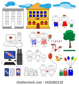 Flat vector set of love and journey related objects