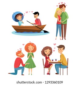 Flat vector set of loving couples in different situations. Marriage proposal. Hugging girl and guy. Romantic date