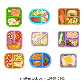 Flat vector set of lunch boxes plastic trays with delicious meal. Appetizing food. Salmon fish, fresh vegetables, eggs and sandwiches