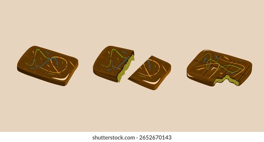 Conjunto de Vector plano de lujosos chocolates estilo Dubai rellenos de pistacho. Incluye trozos de chocolate enteros y en rodajas, perfectos para exhibir dulces de Oriente Medio.