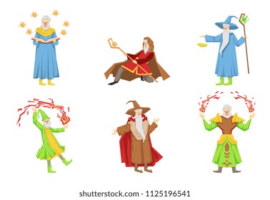 Flat vector set of magicians in different actions. Old gray-bearded wizards. Cartoon characters with magical powers