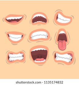 Flat vector set of male mouths with different emotions. Smile, sticking out tongue, anger, happiness. Design for mobile app, sticker or print