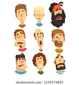 Flat vector set of male portraits with surprised and shocked facial expressions. Young guys and adult men. Cartoon people characters