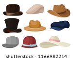 Flat vector set of man and woman hats. Stylish male and female headwear. Baseball cap and elegant panama. Fashion theme