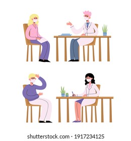 Flat vector set of man and woman doctor at table talking with patient in white medical face mask isolated on white. Healthcare service, therapists appointment and stop coronavirus