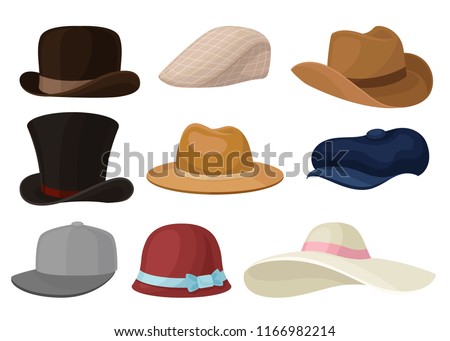 Flat vector set of man and woman hats. Stylish male and female headwear. Baseball cap and elegant panama. Fashion theme Foto d'archivio © 