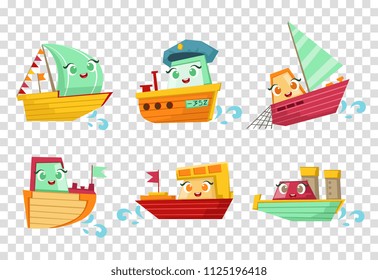 Flat vector set of marine vessels with adorable faces. Small wooden ships and sailing boats. Elements for children book or mobile game